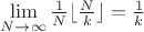 $\lim\limits_{N\to\infty}\frac 1 N\lfloor \frac{N}{k} \rfloor=\frac 1 k$