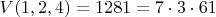$V(1,2,4)=1281=7\cdot3\cdot61$