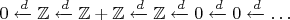 $0\xleftarrow{d}\mathbb Z\xleftarrow{d}\mathbb Z+\mathbb Z\xleftarrow{d}\mathbb Z\xleftarrow{d} 0\xleftarrow{d} 0\xleftarrow{d}\ldots$