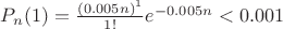 $P_n(1) = \frac{(0.005n)^1}{1!}e^{-0.005n}<0.001$
