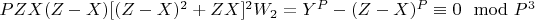 $PZX(Z-X)[(Z-X)^2 + ZX]^2W_2 = Y^P-(Z-X)^P\equiv 0\mod P^3$
