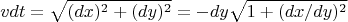 $$vdt=\sqrt{(dx)^2+(dy)^2}=-dy\sqrt{1+(dx/dy)^2}$$
