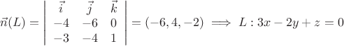 $$ \vec{n}(L) = \left| \begin{array}{ccc} \vec{i} & \vec{j} & \vec{k}  \\
-4 & -6 & 0 \\
-3 & -4 & 1 \end{array} \right| = \left( -6, 4, -2 \right)  \implies L: 3x - 2y + z = 0$$