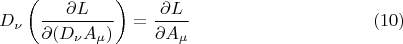 $$ D_{\nu} \left ( \frac{\partial L}{\partial (D_{\nu} A_{\mu})} \right ) = \frac{\partial L}{\partial A_{\mu}}       \eqno{(10)}$$