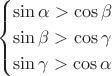 $$
\begin{cases}
\sin\alpha>\cos\beta \\
\sin\beta>\cos\gamma \\
\sin\gamma>\cos\alpha \\
\end{cases}
$$