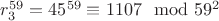 $r_3^{59} = 45^{59}\equiv 1107\mod 59^2$