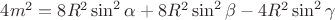 $4m^2=8R^2\sin^2\alpha+8R^2\sin^2\beta-4R^2\sin^2\gamma$