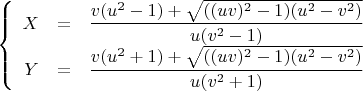 $\left\{
\begin{array}{rcl}
X &=& \dfrac {v(u^2-1)+\sqrt{((uv)^2-1)(u^2-v^2)}}{u(v^2-1)} \\
Y &=& \dfrac {v(u^2+1)+\sqrt{((uv)^2-1)(u^2-v^2)}}{u(v^2+1)} \\
\end{array}
\right.$