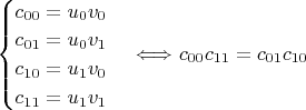 $\begin{cases}c_{00}=u_0v_0\\c_{01}=u_0v_1\\c_{10}=u_1v_0\\c_{11}=u_1v_1\end{cases}$ $\Longleftrightarrow$ $c_{00}c_{11}=c_{01}c_{10}$