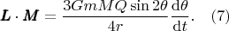 $$\pmb{L}\cdot \pmb{M}=\dfrac{3G mM Q \sin 2 \theta}{4 r} \dfrac{{\rm d}\theta}{{\rm d}t}. \quad (7)$$