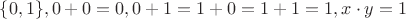 $\{0, 1\}, 0 + 0 = 0, 0 + 1 = 1 + 0 = 1 + 1 = 1, x \cdot y = 1$
