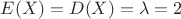 $E(X) = D(X) = \lambda = 2$