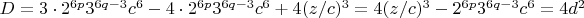 $ D = 3\cdot2^{6p}3^{6q-3}c^6 - 4\cdot2^{6p}3^{6q-3}c^6 + 4(z/c)^3 = 4(z/c)^3 - 2^{6p}3^{6q-3}c^6 = 4d^2 $
