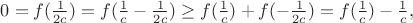 $0=f(\frac 1{2c})= f(\frac 1c -\frac 1{2c})\ge  f(\frac 1c )+ f(-\frac 1{2c}) =  f(\frac 1c ) -\frac 1c ,$