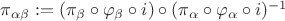 $\pi_{\alpha\beta}:=(\pi_{\beta}\circ \varphi_{\beta}\circ i)\circ(\pi_{\alpha}\circ\varphi_{\alpha}\circ i)^{-1}$