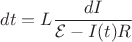 $dt=L\dfrac{dI}{\mathcal{E}-I(t)R}$ $dt=L\dfrac{dI}{\mathcal{E}-I(t)R}$