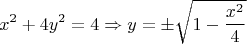 $$x^2+4y^2=4 \Rightarrow y= \pm \sqrt{1-\frac{x^2}{4}}$$