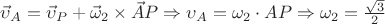 $\vec\upsilon_A=\vec\upsilon_P+\vec\omega_2\times \vec AP\Rightarrow \upsilon_A=\omega_2\cdot AP\Rightarrow \omega_2=\frac{\sqrt{3}}{2}$ $\vec\upsilon_A=\vec\upsilon_P+\vec\omega_2\times \vec AP\Rightarrow \upsilon_A=\omega_2\cdot AP\Rightarrow \omega_2=\frac{\sqrt{3}}{2}$