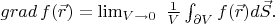 $grad \, f(\vec{r}) = \lim_{V \to 0} \ \frac{1}{V} \int_{\partial V} f(\vec{r}) d \vec{S}.$
