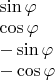 $\begin{array}{l}
\sin\varphi \\
\cos\varphi \\
-\sin\varphi \\
-\cos\varphi \\
\end{array}$