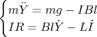 $\begin{cases} m\ddot Y=mg-IBl \\ IR=Bl\dot Y-L\dot I \end{cases}$