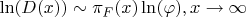 $\ln (D(x))\sim \pi_F (x)\ln (\varphi ), x\rightarrow \infty $
