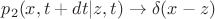$p_2(x, t + dt| z, t) \to \delta (x - z)$