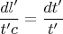 $$\frac{dl&rsquo;}{t&rsquo;c}=\frac{dt&rsquo;}{t&rsquo;}$$