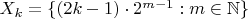$X_k=\{(2k-1)\cdot 2^{m-1}:m\in\mathbb N\}$