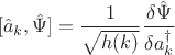$$
[ \hat a_{k} , \hat \Psi ] = \frac{1}{\sqrt{h(k)}} \frac{\delta \hat\Psi}{\delta a^{\dag}_{k}}
$$