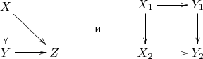 $\begin{array}{c}\xymatrix{X \ar[d] \ar[rd] & \\ Y \ar[r] & Z}\end{array}\qquad\text{и}\qquad\begin{array}{c}\xymatrix{X_1 \ar[d] \ar[r] & Y_1 \ar[d] \\ X_2 \ar[r] & Y_2}\end{array}$