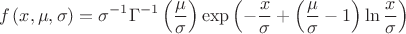$$f\left( x,\mu ,\sigma  \right)={{\sigma }^{-1}}{{\Gamma }^{-1}}\left( \frac{\mu }{\sigma } \right)\exp \left( -\frac{x}{\sigma }+\left( \frac{\mu }{\sigma }-1 \right)\ln \frac{x}{\sigma } \right)$$