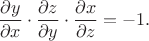 $$\frac{\partial y}{\partial x}\cdot\frac{\partial z}{\partial y}\cdot\frac{\partial x}{\partial z}=-1.$$