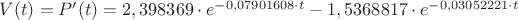 $V(t) = P'(t) = 2,398369 \cdot e^ {-0,07901608 \cdot t } - 1,5368817 \cdot e^ {-0,03052221 \cdot t}$