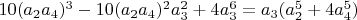 $10 (a_2 a_4)^3-10 (a_2 a_4)^2 a_3^2+4 a_3^6=a_3 (a_2^5+4 a_4^5)$