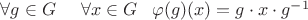 $\forall g \in G \;\;\;\;\; \forall x \in G\;\;\; \varphi(g)(x) = g\cdot x \cdot g^{-1}$