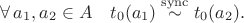 $\forall\,a_1,a_2\in A\quad t_0(a_1)\stackrel{\mathrm{sync}}{\sim}t_0(a_2).$