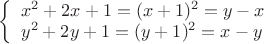$\left\{ \begin{array}{l} 
x^2+ 2x +1 = (x+1)^2=y -x\\ 
y^2 +2y + 1 =(y+1)^2= x-y
\end{array} \right$