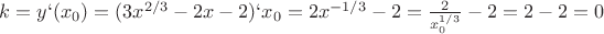 $k=y`(x_0)=(3x^{2/3}-2x-2)`x_0=2x^{-1/3}-2=\frac 2{x_0^{1/3}}-2=2-2=0$