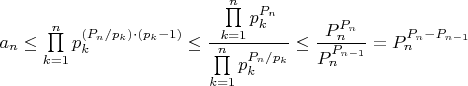 $a_n\le\prod\limits_{k=1}^{n}p_k^{(P_n/p_k)\cdot(p_k-1)}\le\dfrac{\prod\limits_{k=1}^{n}p_k^{P_n}}{\prod\limits_{k=1}^{n}p_k^{P_n/p_k}}\le\dfrac{P_n^{P_n}}{P_n^{P_{n-1}}}=P_n^{P_n-P_{n-1}}$