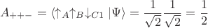 $$A_{++-}=\langle \uparrow_A\uparrow_B\downarrow_{C1}|\Psi \rangle= \dfrac{1}{\sqrt{2}}\dfrac{1}{\sqrt{2}}=\dfrac{1}{2}$$