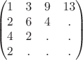 $$
\begin{pmatrix}
1 & 3 & 9 & 13 \\
2 & 6 & 4 & . \\
4 & 2 & . & . \\
2 & . & . & . \\
\end{pmatrix}
$$