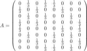 $A=\left(\begin{array}{cccccccc} 0 & \frac{1}{3} & 0 & \frac{1}{3} & \frac{1}{3} & 0 & 0 & 0\\ \frac{1}{3} & 0 & \frac{1}{3} & 0 & 0 & \frac{1}{3} & 0 & 0\\ 0 & \frac{1}{3} & 0 & \frac{1}{3} & 0 & 0 & \frac{1}{3} & 0\\ \frac{1}{3} & 0 & \frac{1}{3} & 0 & 0 & 0 & 0 & \frac{1}{3}\\ \frac{1}{3} & 0 & 0 & 0 & 0 & \frac{1}{3} & 0 & \frac{1}{3}\\ 0 & \frac{1}{3} & 0 & 0 & \frac{1}{3} & 0 & \frac{1}{3} & 0\\ 0 & 0 & \frac{1}{3} & 0 & 0 & \frac{1}{3} & 0 & \frac{1}{3}\\ 0 & 0 & 0 & \frac{1}{3} & \frac{1}{3} & 0 & \frac{1}{3} & 0 \end{array}\right)$ $A=\left(\begin{array}{cccccccc} 0 & \frac{1}{3} & 0 & \frac{1}{3} & \frac{1}{3} & 0 & 0 & 0\\ \frac{1}{3} & 0 & \frac{1}{3} & 0 & 0 & \frac{1}{3} & 0 & 0\\ 0 & \frac{1}{3} & 0 & \frac{1}{3} & 0 & 0 & \frac{1}{3} & 0\\ \frac{1}{3} & 0 & \frac{1}{3} & 0 & 0 & 0 & 0 & \frac{1}{3}\\ \frac{1}{3} & 0 & 0 & 0 & 0 & \frac{1}{3} & 0 & \frac{1}{3}\\ 0 & \frac{1}{3} & 0 & 0 & \frac{1}{3} & 0 & \frac{1}{3} & 0\\ 0 & 0 & \frac{1}{3} & 0 & 0 & \frac{1}{3} & 0 & \frac{1}{3}\\ 0 & 0 & 0 & \frac{1}{3} & \frac{1}{3} & 0 & \frac{1}{3} & 0 \end{array}\right)$