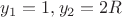 $y_1=1,y_2=2R$