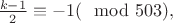 $\frac{k-1}2 \equiv -1 (\mod 503),$