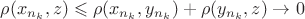 $\rho(x_{n_k},z)\leqslant\rho(x_{n_k},y_{n_k})+\rho(y_{n_k},z)\to0$
