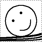 \begin{picture}(80,80)
\multiput(0,0)(0,4){20}{\line(0,1){2}}
\multiput(80,0)(0,4){20}{\line(0,1){2}}
\multiput(1,0)(4,0){20}{\line(1,0){2}}
\multiput(1,80)(4,0){20}{\line(1,0){2}}
\linethickness{1.5px}
\put(0,0){\qbezier(10,40)(12,68)(40,70)}
\put(0,0){\qbezier(40,70)(68,68)(70,40)}
\put(0,0){\qbezier(70,40)(68,12)(40,10)}
\put(0,0){\qbezier(40,10)(12,12)(10,40)}
\put(0,0){\qbezier(38,22)(60,20)(58,42)}
\linethickness{3px}
\put(0,0){\qbezier(1,7)(70,10)(78,15)}
\linethickness{2px}
\put(0,0){\qbezier(1,4)(70,5)(79,10)}
\put(0,0){\qbezier(1,2)(70,2)(79,5)}
\put(40,55){\circle*{5}}
\put(25,40){\circle*{5}}
\end{picture}