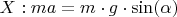 $ X: ma = m\cdot g\cdot \sin(\alpha)$
