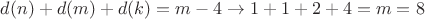 $d(n)+d(m)+d(k)=m-4\to 1+1+2+4=m=8$ $d(n)+d(m)+d(k)=m-4\to 1+1+2+4=m=8$