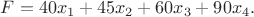 $F=40x_1+45x_2+60x_3+90x_4\tomin.$